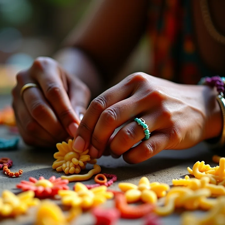 Mãos de artesã indígena criando bijuterias de macarrão
