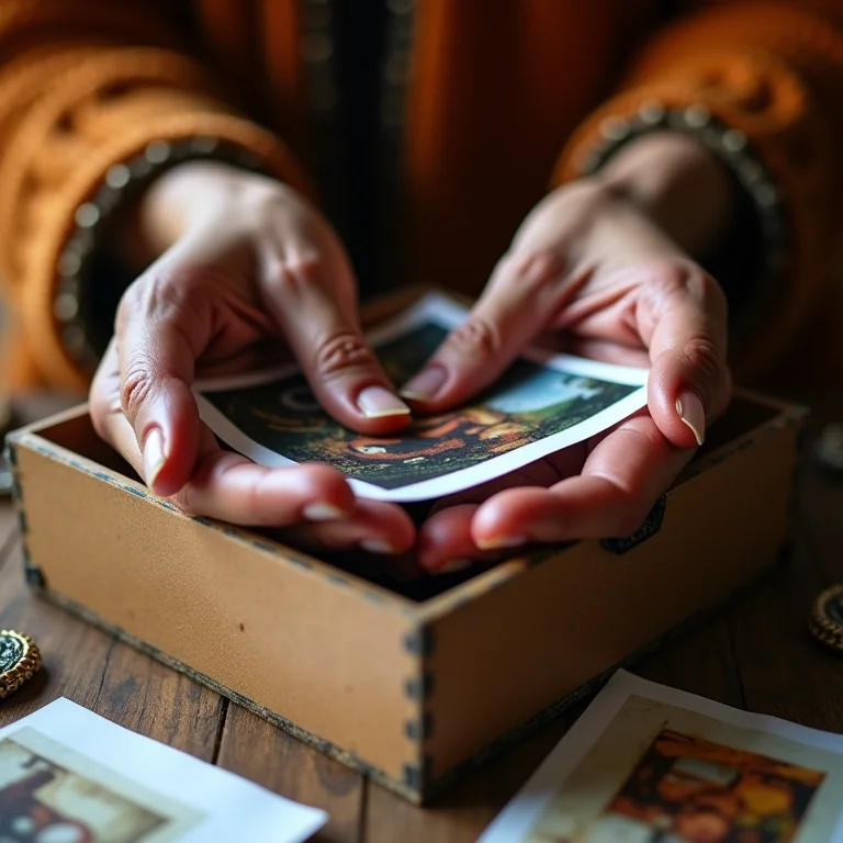 Mãos de artesã indígena personalizando caixa de MDF com fotos de amigos