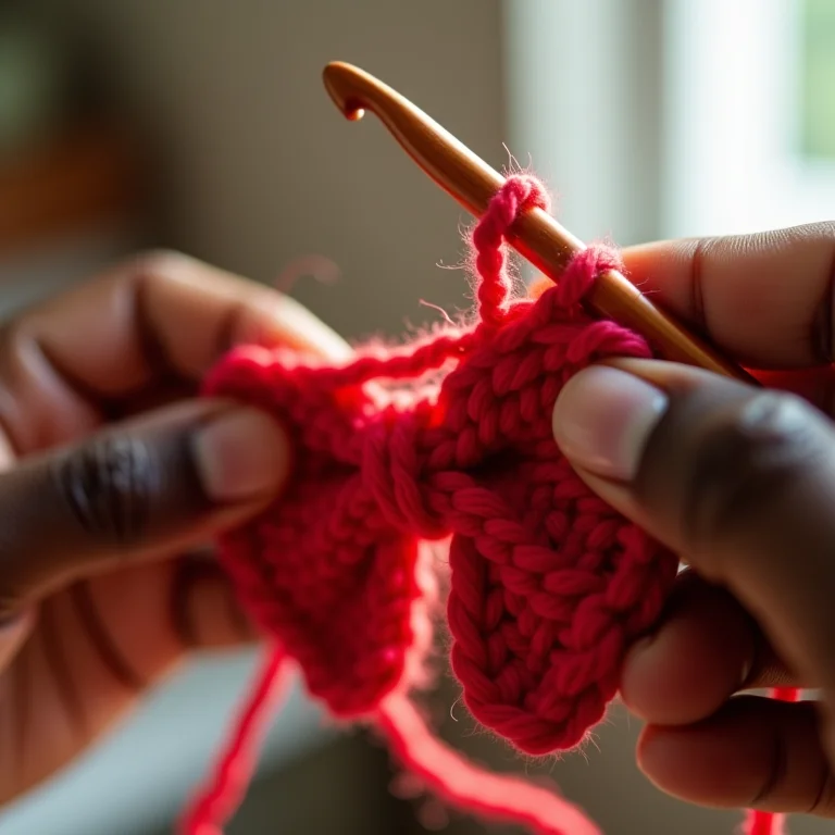 Mãos de artesã negra crocheted um laço vermelho vibrante.