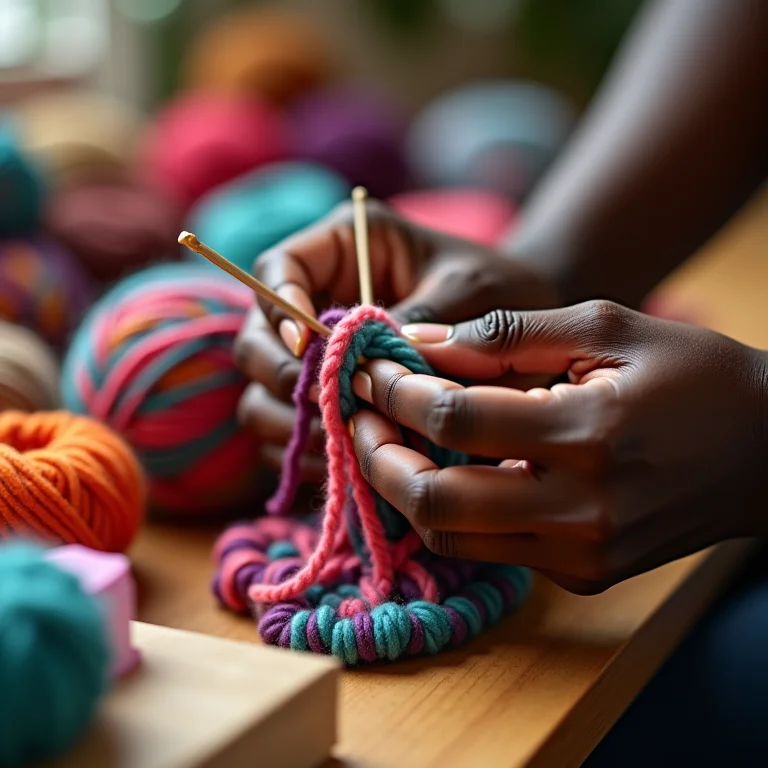 Mãos de artesã negra fazendo crochê colorido