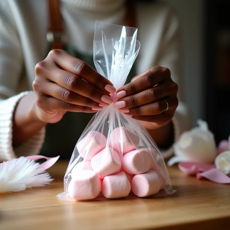 Mãos de artesã negra finalizando embalagem de marshmallow gourmet