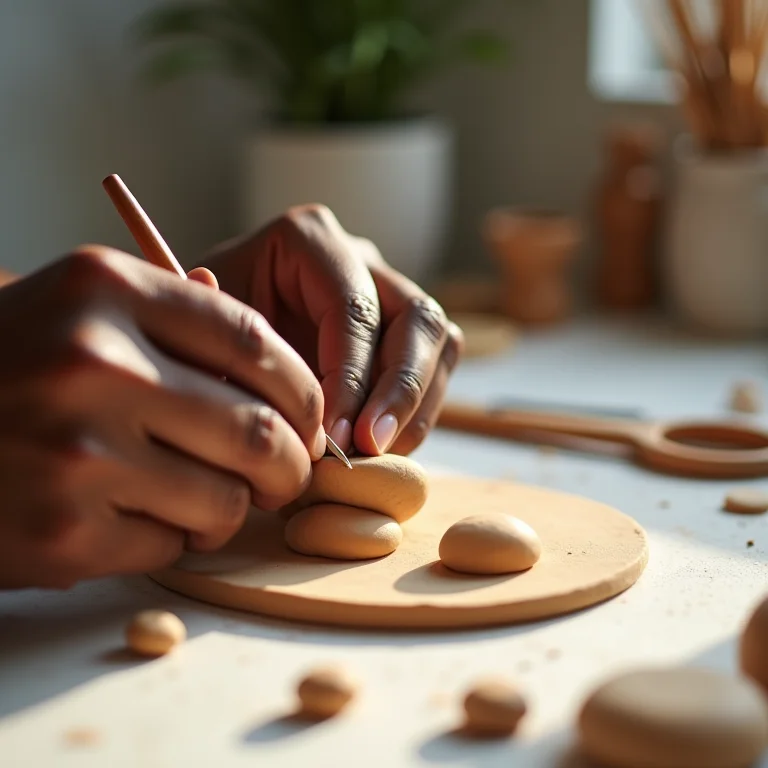 Mãos de artesã negra modelando biscuit bege com ferramentas de escultura