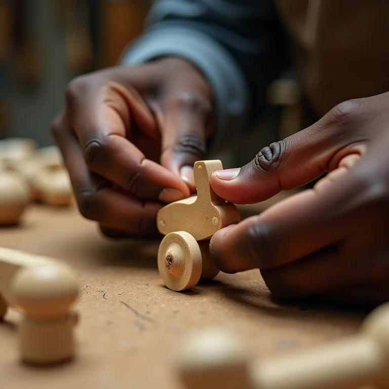 Mãos de artesã negra montando brinquedo de madeira artesanal