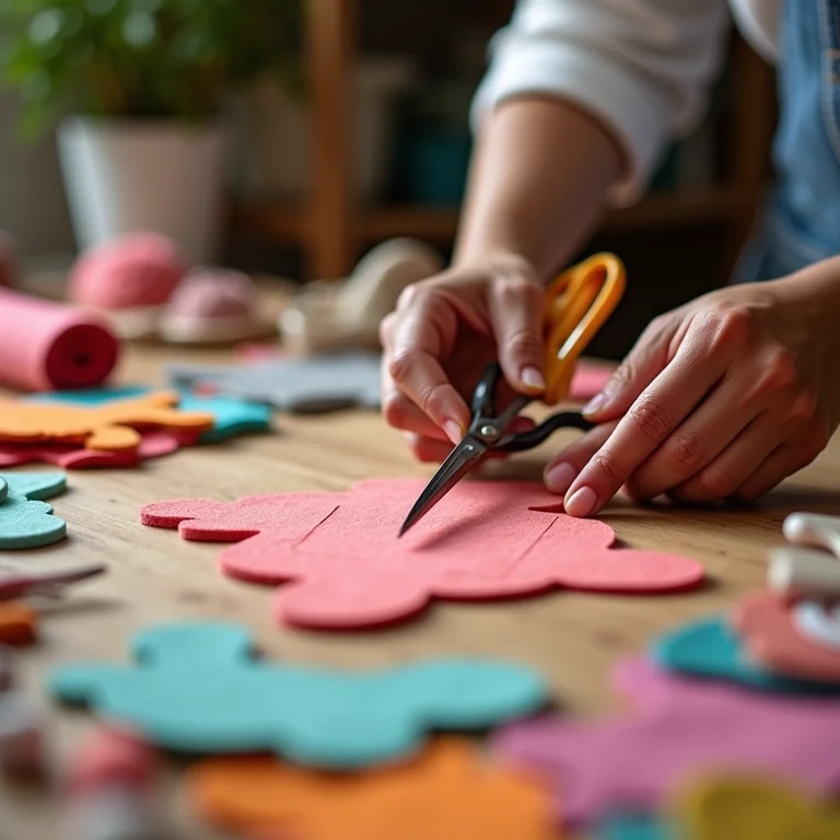 Mãos de artesã recortando molde de urso em feltro