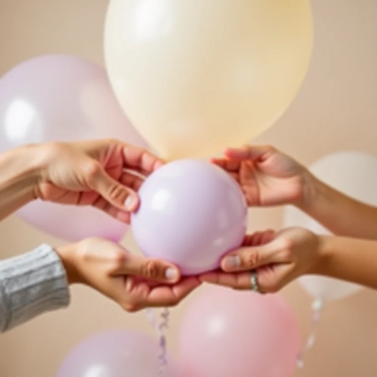 Mãos de artesã selecionando balões coloridos para chá de fraldas