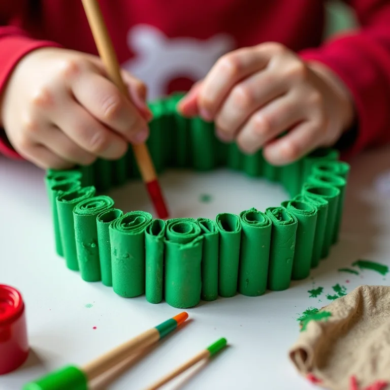 Mãos de criança pintando guirlanda de Natal feita com rolos de papel higiênico