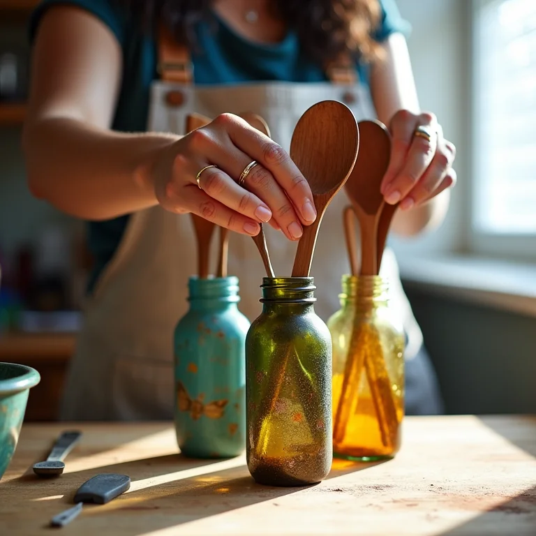 Mãos de mulher indígena colocando utensílios de cozinha em garrafas decoradas