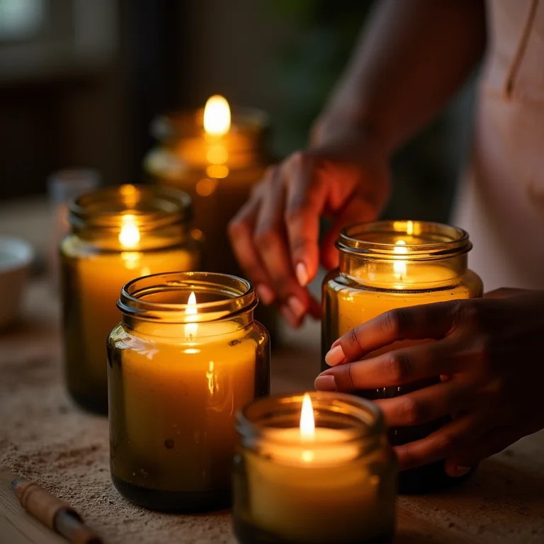 Mãos de mulher negra arrumando porta-velas rústicos feitos de garrafas