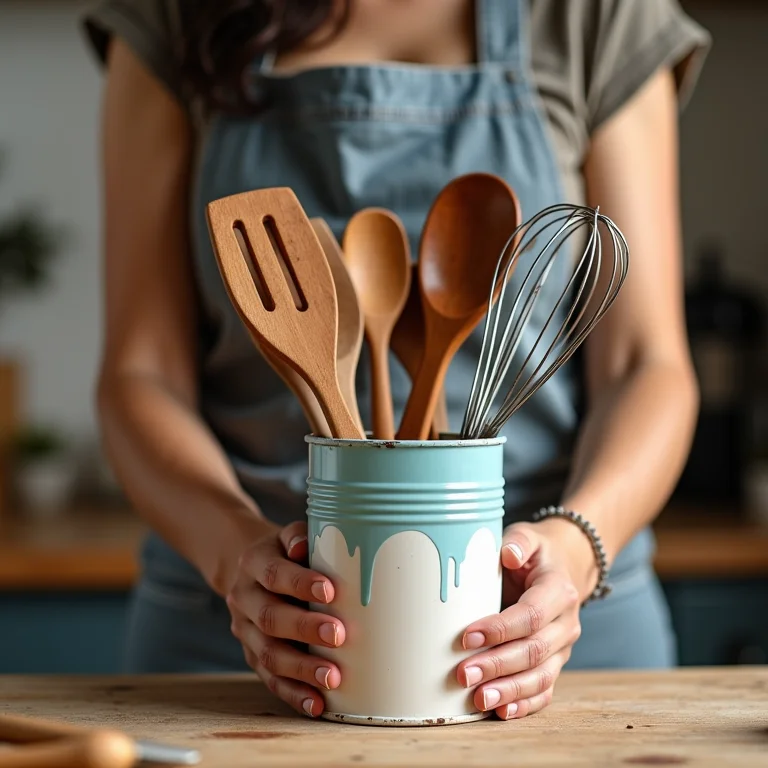 Mãos de uma jovem latina organizando utensílios de cozinha em latas de leite pintadas.