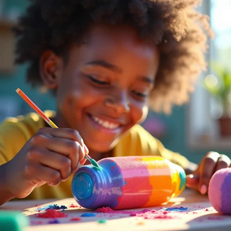 Mãos de uma jovem pintando um puff de garrafa PET com cores vibrantes