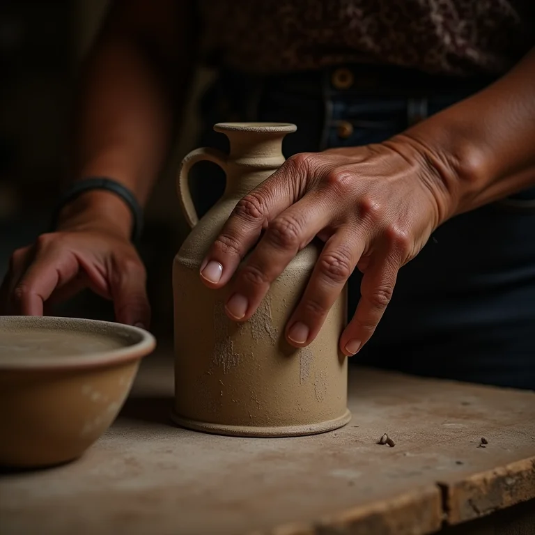 Mãos de uma senhora indígena lixando uma lata de leite em preparação para a decoração.