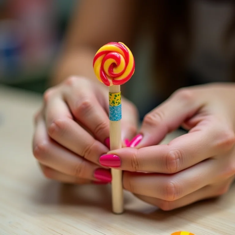 Mãos decorando palito de madeira para lembrancinha com pirulito caracol