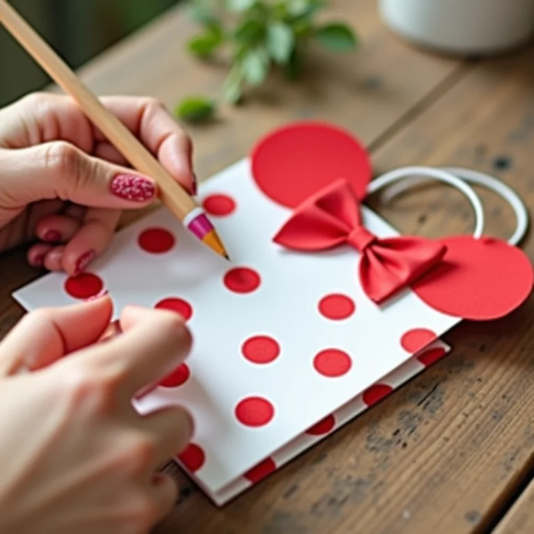 Mãos decorando sacolinha de papel Minnie Vermelha