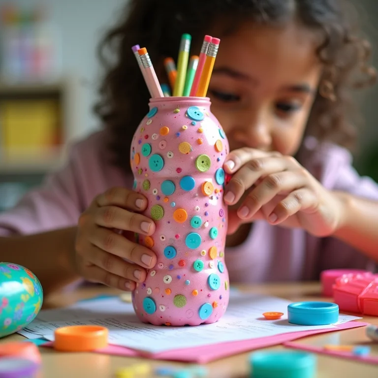 Mãos decorando um porta-trecos personalizado feito de garrafa PET com papel colorido e botões.