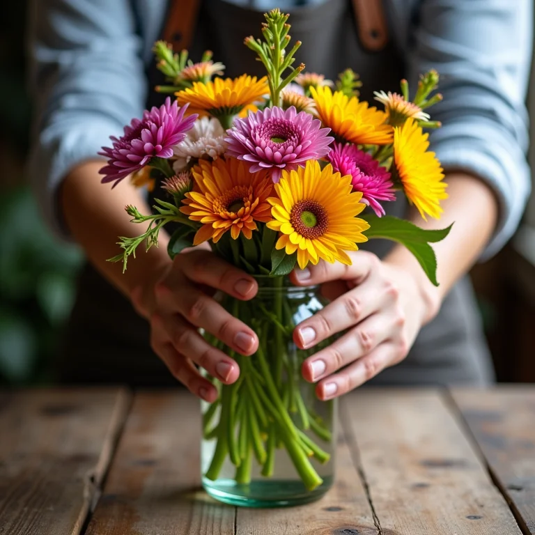 Mãos diversas arrumando flores coloridas em garrafa de vidro como vaso