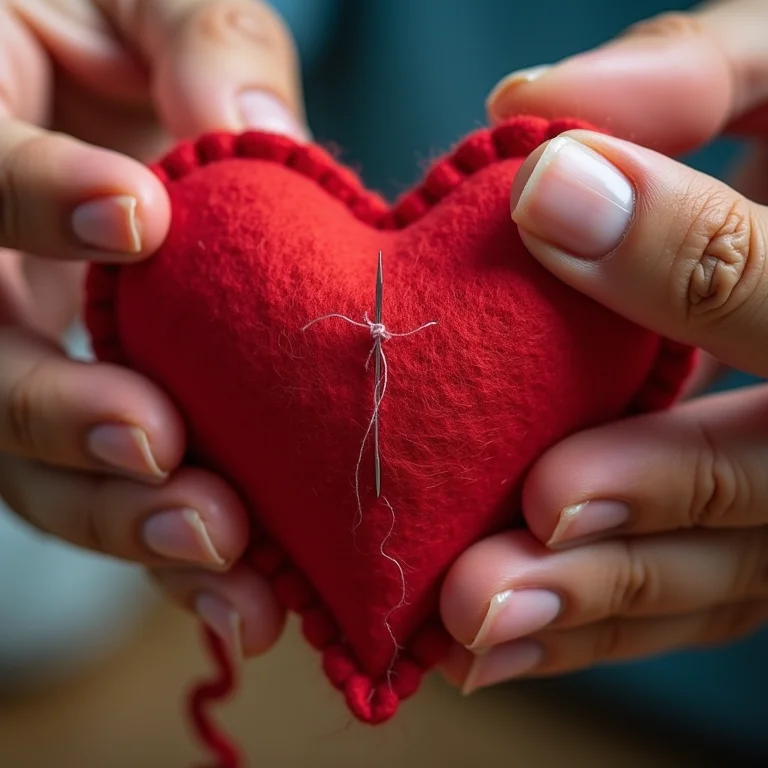 Mãos diversas costurando coração de feltro para lembrancinha de casamento