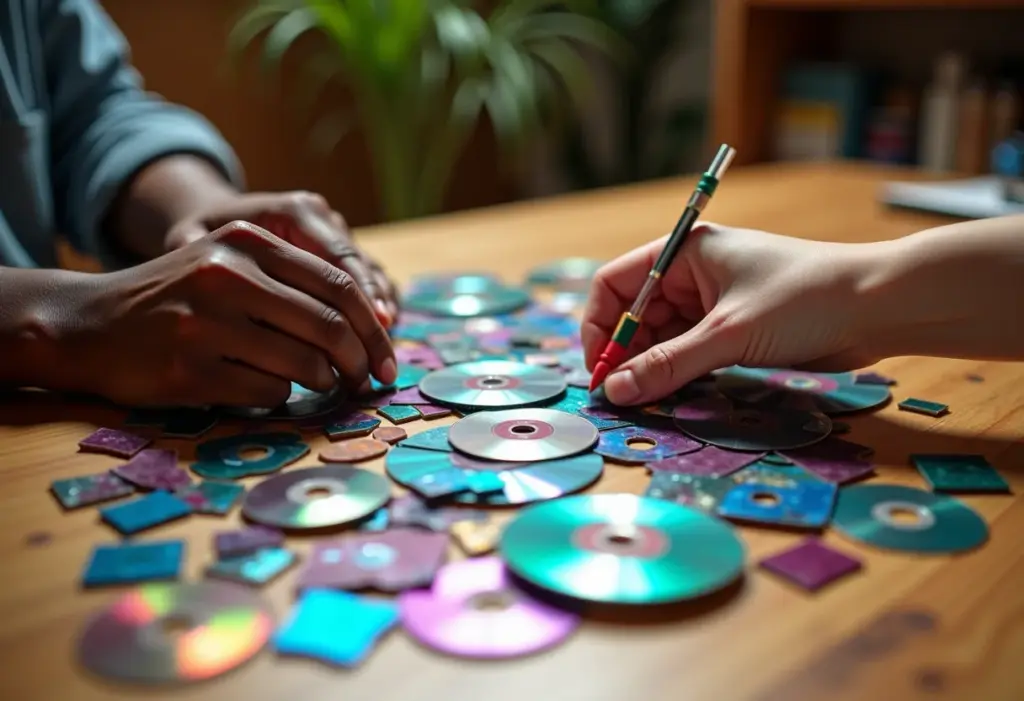 Artes com CD: Ideias geniais para reciclar e decorar sua casa Mãos diversas criando mosaico com pedaços de CD reciclado