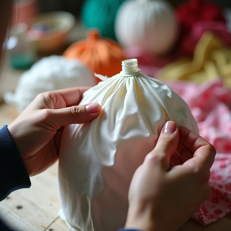 Mãos diversas montando um puff redondo de garrafa PET com capa de tecido colorida