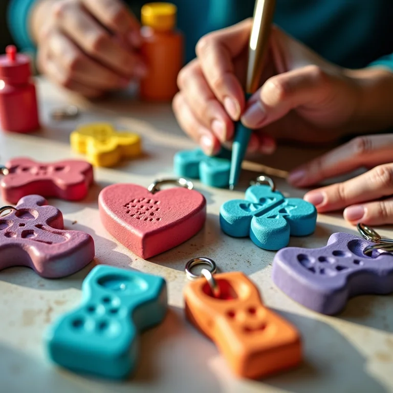 Mãos diversas pintando chaveiros de gesso com tintas acrílicas coloridas