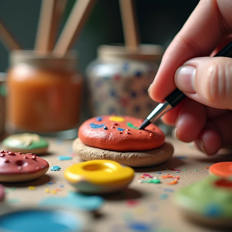 Mãos diversas pintando miniaturas temáticas de gesso com tintas acrílicas coloridas