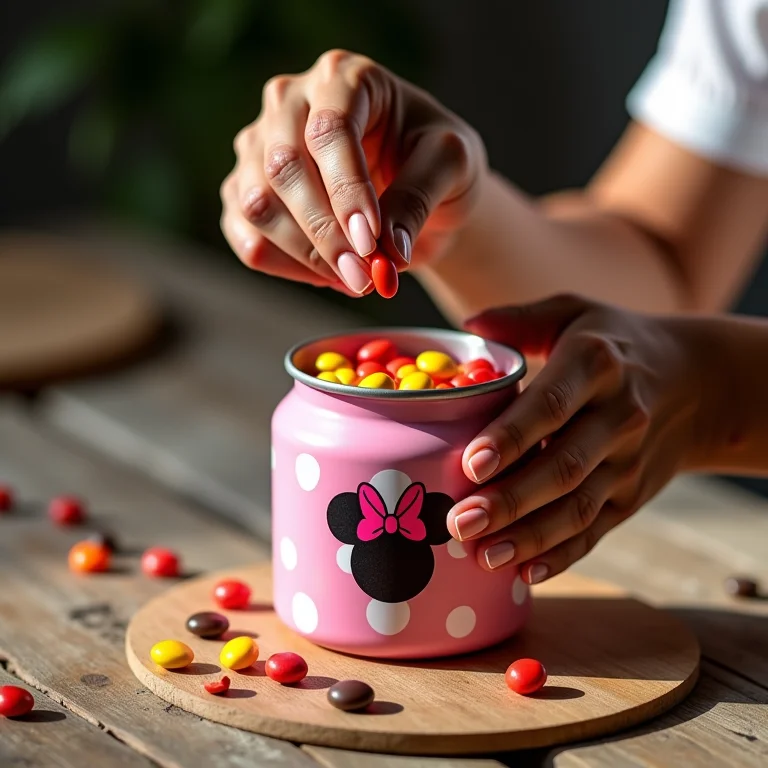 Mãos enchendo lata de leite decorada com tema da Minnie com balas coloridas.