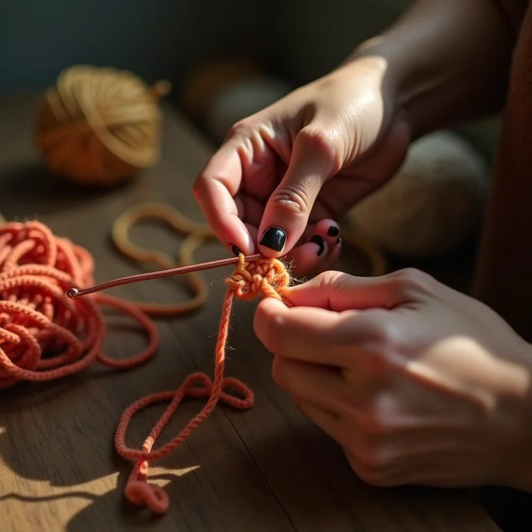 Mãos ensinando ponto de crochê com sobras de barbante.