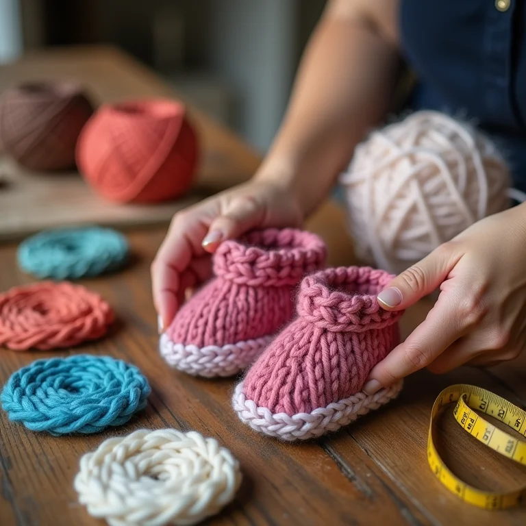 Mãos escolhendo lãs coloridas para botinhas de bebê.