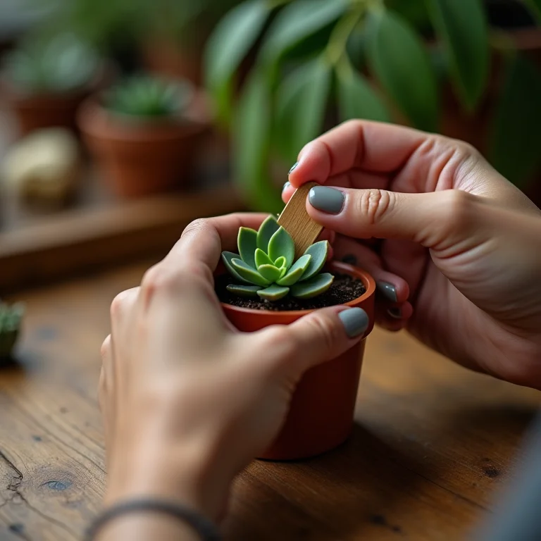 Mãos femininas adicionando uma etiqueta de madeira a uma pequena suculenta para lembrancinha