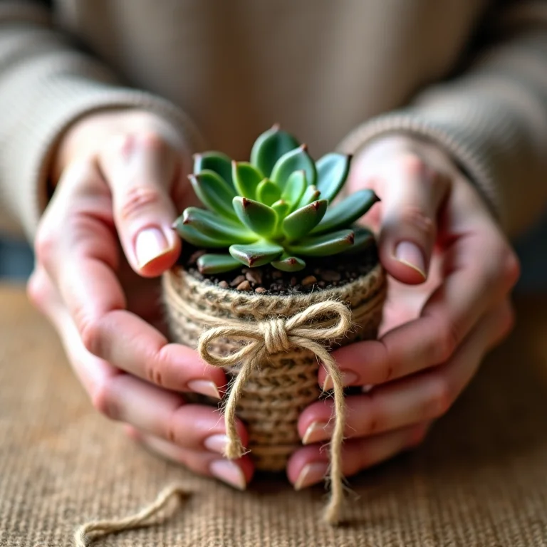 Mãos femininas amarrando juta em vasinho de suculenta para lembrancinha de casamento.
