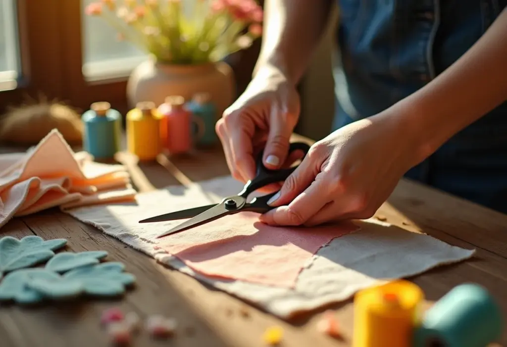 Mãos femininas cortando feltro para ursinho com tesoura vintage