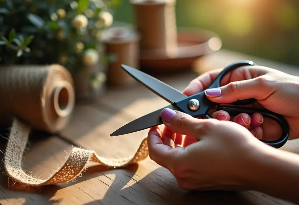 Mãos femininas cortando juta para lembrancinha de casamento