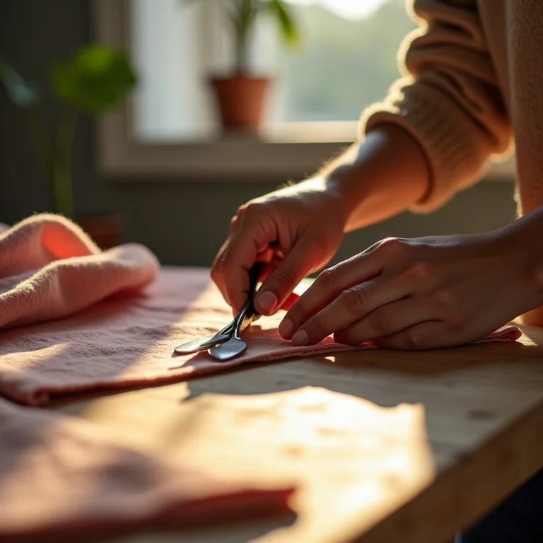 Mãos femininas cortando tecido para projeto DIY