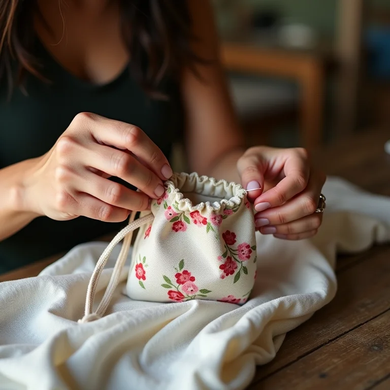 Mãos femininas costurando lembrancinha de chá de fralda