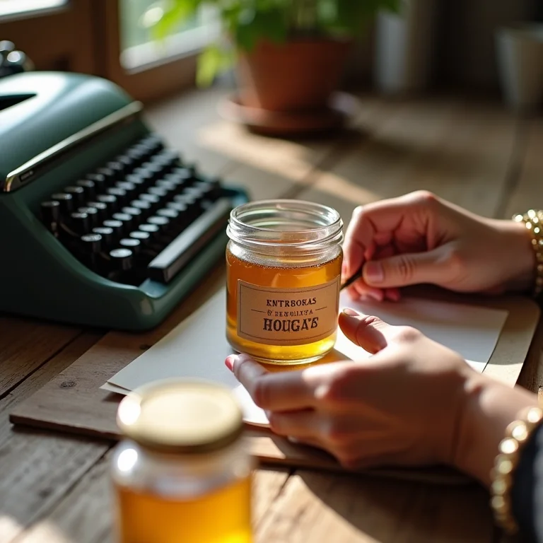 Mãos femininas criando rótulos personalizados para potes de mel usando uma máquina de escrever vintage