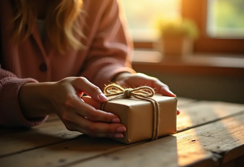 Mãos femininas embalando delicadamente uma lembrancinha de chá de bebê com barbante natural