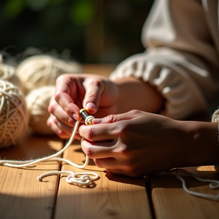 Mãos femininas enrolando novelo de lã com enrolador de fio