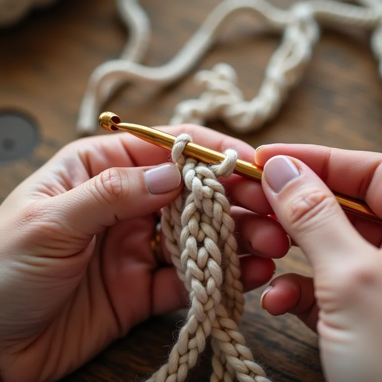 Mãos femininas ensinando nó corrediço para crochê
