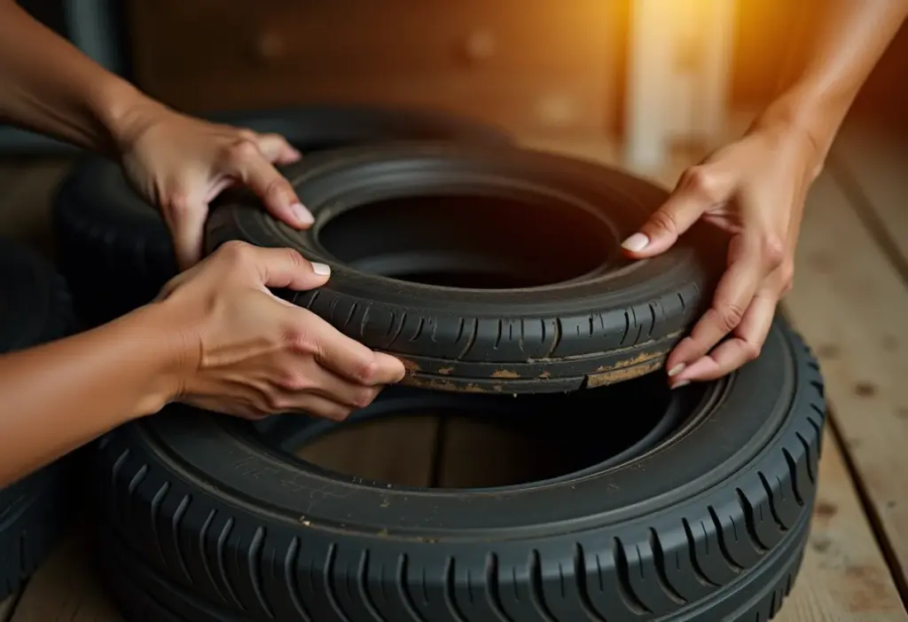 Mãos femininas examinando pneu usado para artesanato