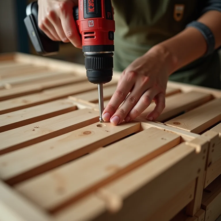 Mãos femininas montando mesa de centro com caixas de feira