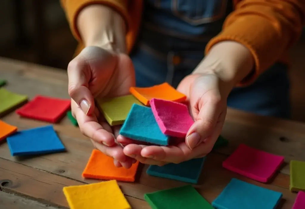 Lembrancinha de batizado em feltro: Ideias fofas para encantar! Mãos femininas organizando feltro colorido para artesanato