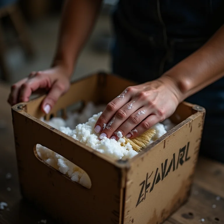 Mãos limpando caixa de feira usada com escova e sabão