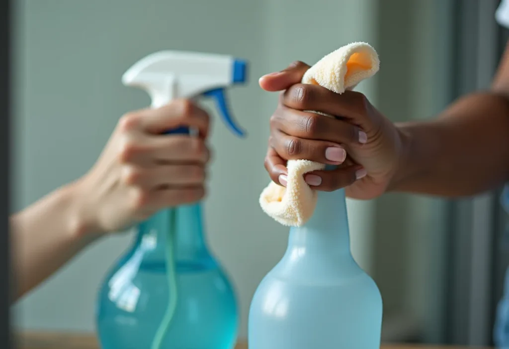 Mãos limpando superfície de vidro para pintura artesanal