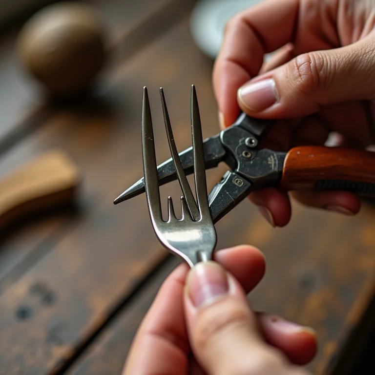 Mãos moldando garfo com alicate