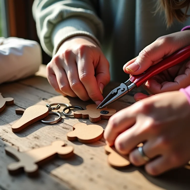 Mãos montando chaveiros de MDF para lembrancinha de 15 anos