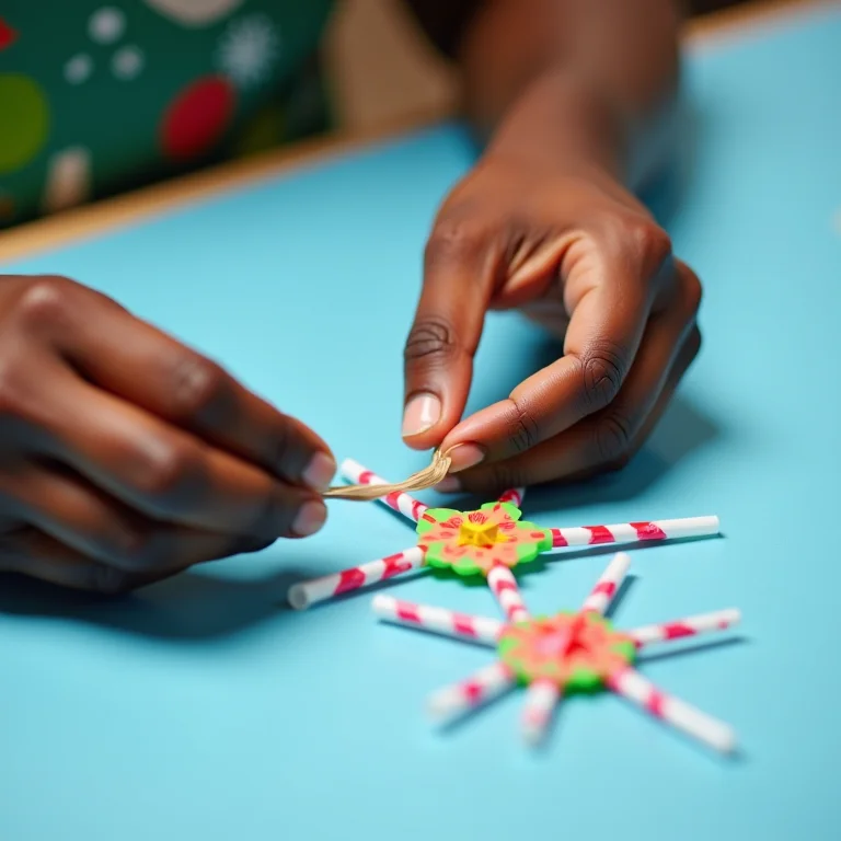 Mãos montando estrelas de Natal com canudos coloridos