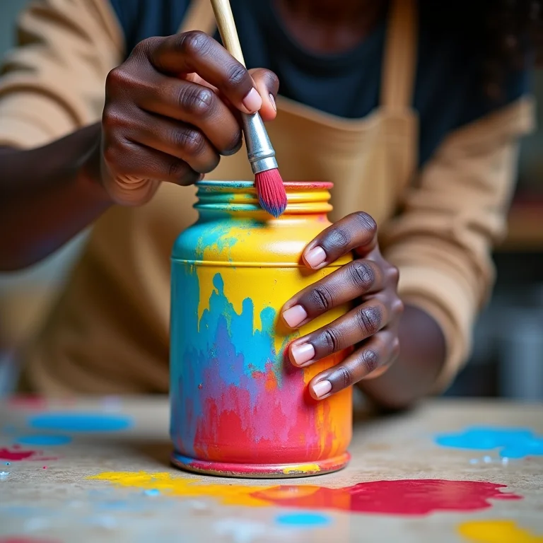 Mãos negras pintando lata de leite com cores vibrantes