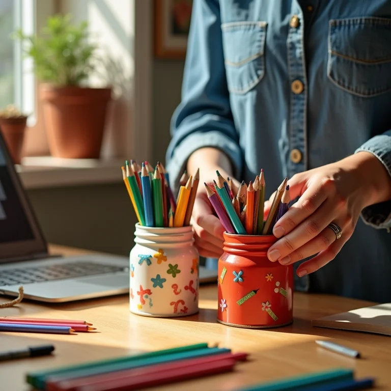 Mãos organizando canetas em latas de leite reaproveitadas