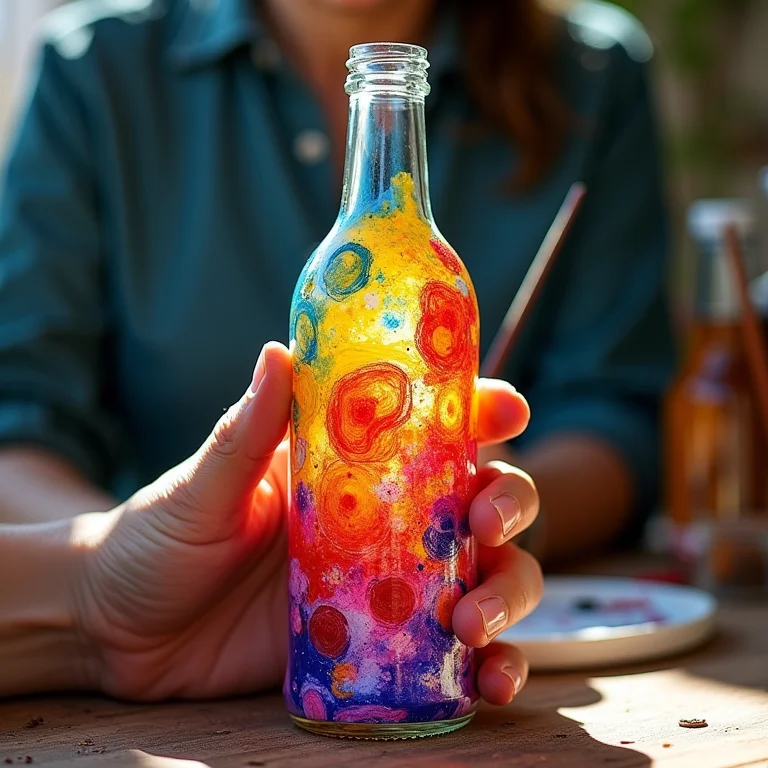 Mãos pardas pintando garrafa de vidro com tinta colorida