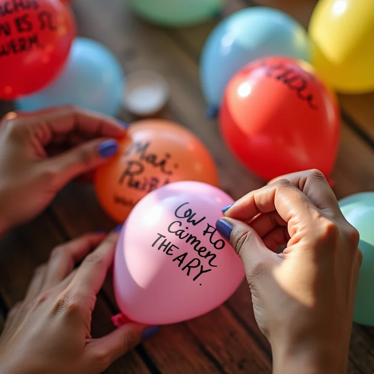 Mãos personalizando balões com etiquetas escritas à mão