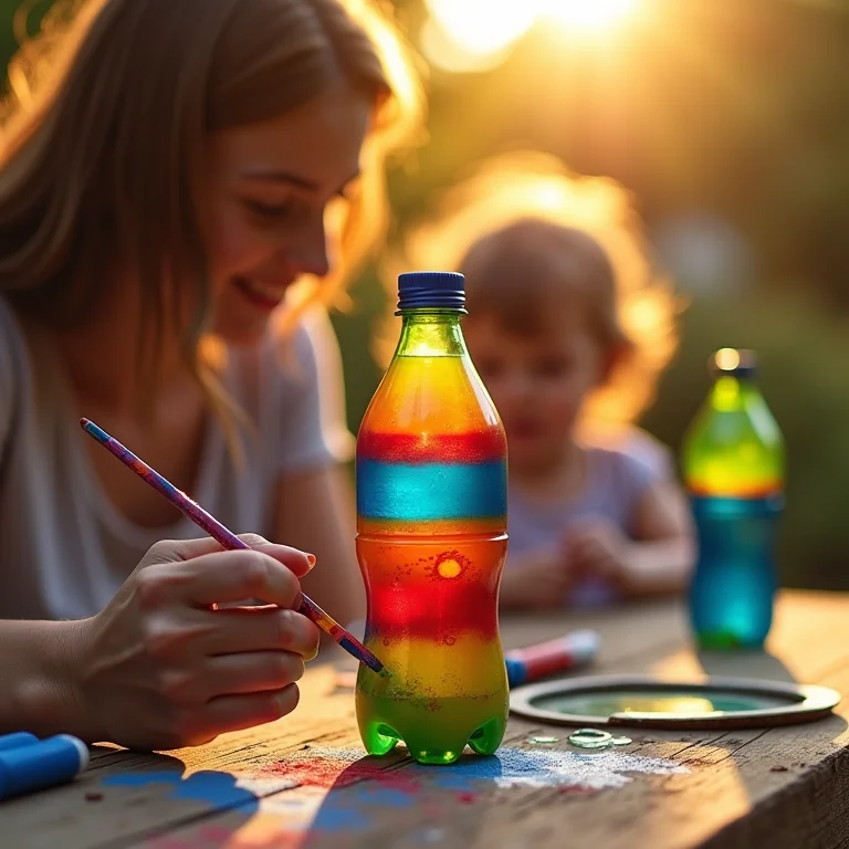Mãos pintando brinquedo de garrafa PET com criança ao fundo